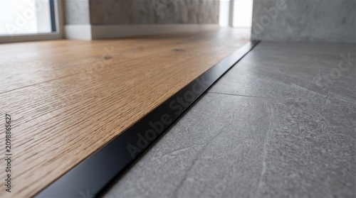 Close up of modern floor transition between wood and tile