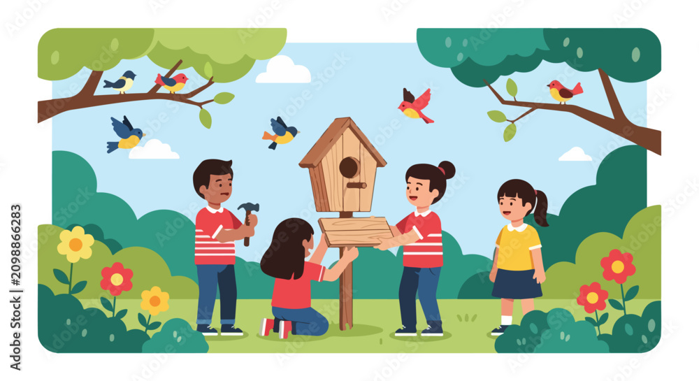 Fototapeta premium A group of cheerful children collaboratively builds a wooden birdhouse in a lush green park filled with vibrant flowers and flying birds.