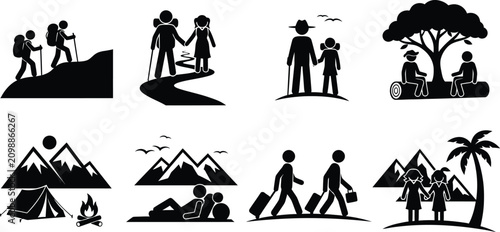 Cuadro en lienzo Black silhouette icons depicting various outdoor family activities and travel de