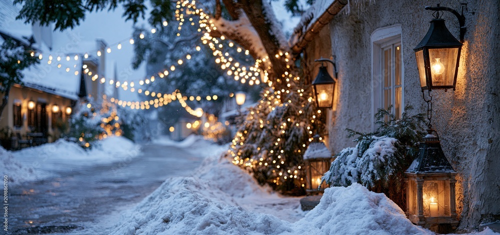 Fototapeta premium Antique lanterns cast warm light on a snowy village street adorned with festive decorations at twilight.