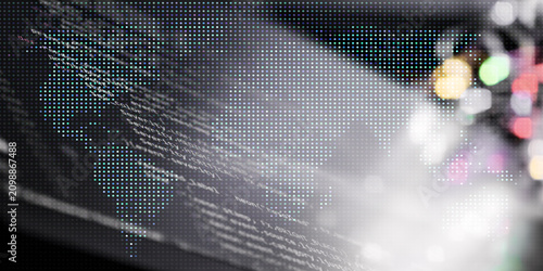 Global Network and Big Data Concept: Futuristic Dotted World Map Overlaid on Glowing Programming Code Abstract Technology Background