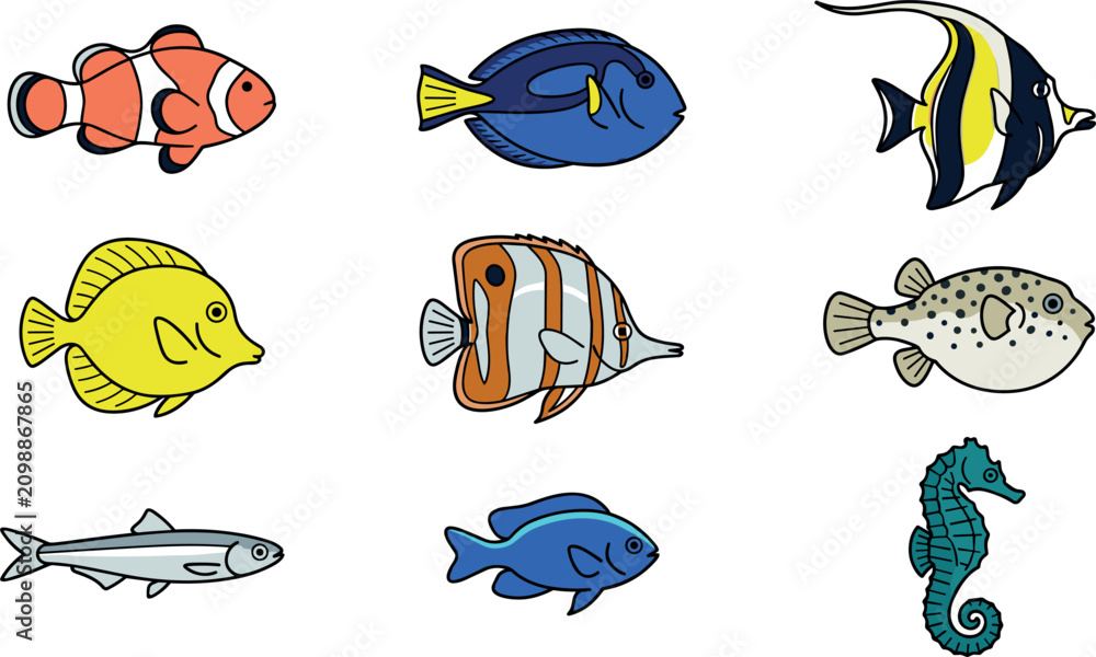 Obraz premium Tropical Coral Reef Fish Icon Set with Clownfish, Blue Tang, Moorish Idol, Seahorse, and Pufferfish Symbols for Aquarium, Marine Life, and Ocean Education Vector Designs