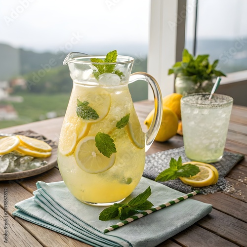 Clear glass yellow lemonade pitcher with mint isolated on transparent background for branding