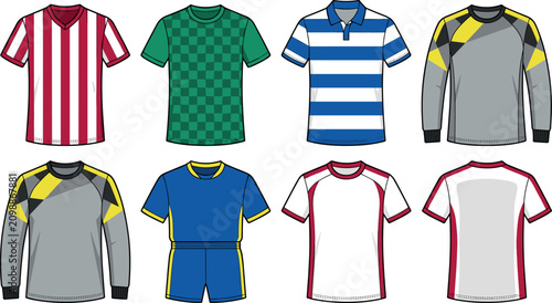 Soccer Jersey and Football Kit Template Icon Set with Striped, Checkered, Goalkeeper Long Sleeve, and Polo Sportswear Shirts for Athletic Team Apparel Vector Designs,