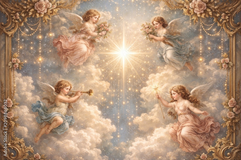 Obraz premium Heavenly angels amidst glowing stars.
