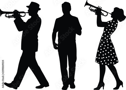 Photography Trumpet players and walking man silhouette vector, jazz musicians performing iso