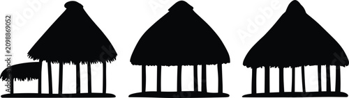 Foto Tropical beach bungalow and palapa hut silhouettes vector, straw roof pavilions