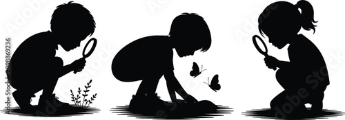 Children exploring nature with magnifying glass silhouette vector, kids watching butterflies isolated on white background