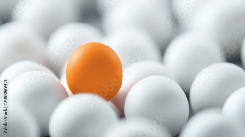 Bild auf Leinwand Orange sphere stands out among white spheres, representing uniqueness and focus