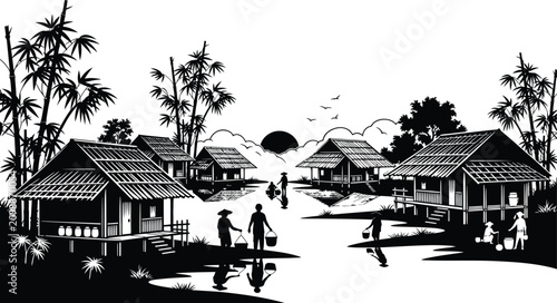 Bild auf Leinwand Traditional vietnamese village scene with water buffalo and rural life black and