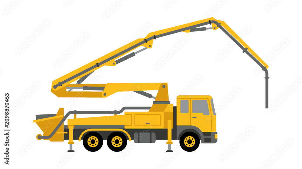 Obraz premium Yellow concrete pump truck with a long boom on a white background.
