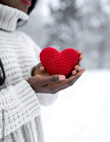Woman in snowy forest holds red crocheted heart