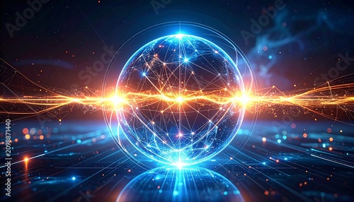 Glowing futuristic sphere with geometric energy lines, symbolizing quantum power, digital core, and advanced artificial intelligence systems.