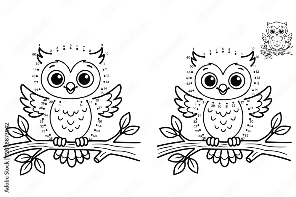 Fototapeta premium Two cute cartoon owls sitting on a branch together