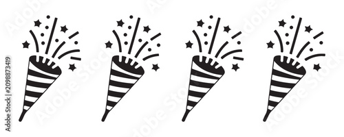 Fotografía Black and white party popper icon set with stars and confetti isolated on transparent background