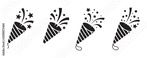 Tableau sur toile Black and white party popper icon set with stars and confetti, isolated on transparent background