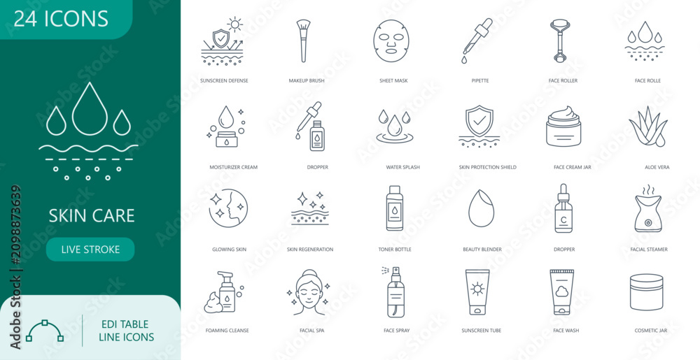 Naklejka premium Skin care line icons set, dermatology and beauty cosmetic linear symbols for facial treatment, anti aging cream graphic design elements on white background