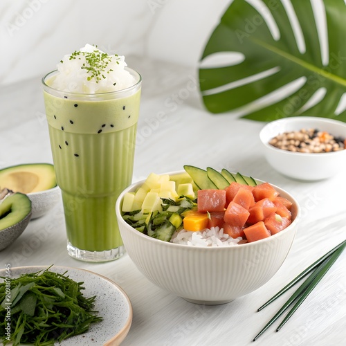 Green matcha smoothie and poke bowl isolated on transparent background for healthy food branding