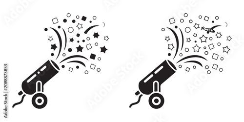 Schilderij op canvas Two black party cannons or confetti launchers with exploding streamers and shapes