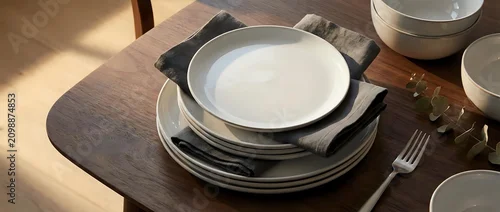 Obraz  z motywem Elegant table setting with stacked white and black plates, linen napkin, and cutlery on wooden surface, suitable for dining, hospitality, and restaurant design projects.