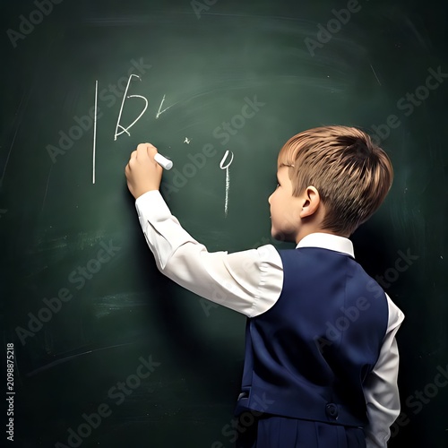 Young boy learns numbers and letters on blackboard