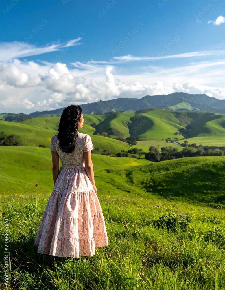 Fototapeta premium Woman in vintage dress surveys rolling green hills