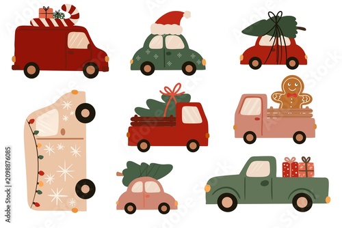 Christmas cars and trucks hand drawn clipart set. Cute red and green retro delivery vans carrying pine trees, gifts and gingerbread man. 