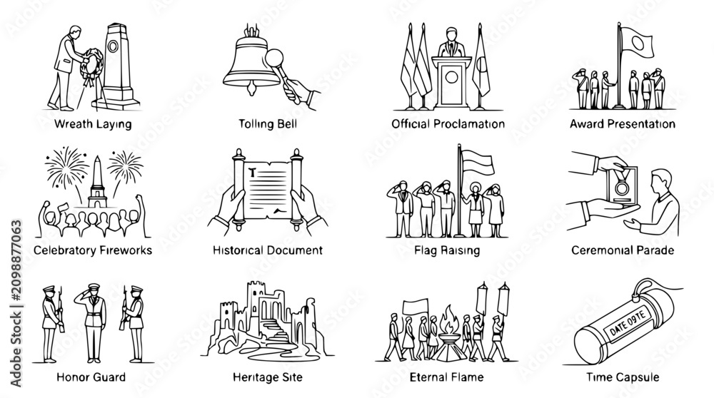 Obraz premium Set of 12 Iconic Symbols of National Events, Ceremonies, and History