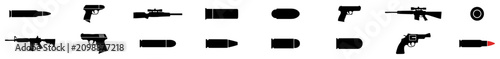 Collection of black gun and bullet silhouettes including pistols, rifles, revolvers, and various ammunition types on transparent background
