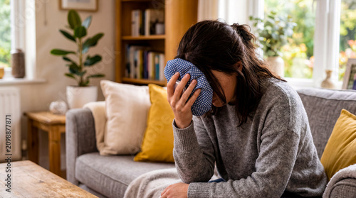 Woman sitting on couch with hot pack on head showing discomfort. Living room has sunlight, plants on table, and cozy decor. Concept of wellness, home remedies, health care