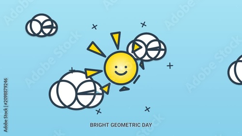 Bright geometric day with smiling sun and clouds animation