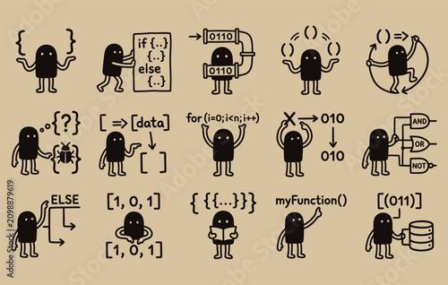 Photos Computer programming logic doodle set featuring cute cartoon developer mascot pr