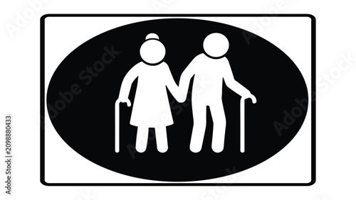 Elderly couple holding hands icon vector. Senior citizens man and woman with walking sticks silhouette in oval frame. Grandparents icon, sign for nursing home, retirement, or pension concept.