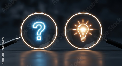 Obraz na płótnie Decision making concept with question mark and light bulb. Creative problem solving idea generation in dark minimalist setting.