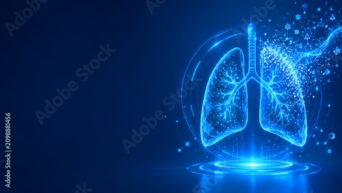 Abstract blue glowing digital lung structure model floating in dark space. world lung cancer day medical technology neon hologram. world lung cancer day, medical technology neon