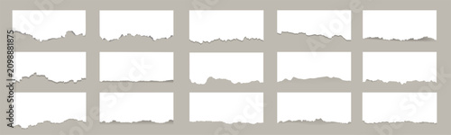 Collection of white torn paper strips with realistic rough edges. Blank ripped paper elements on transparent background.