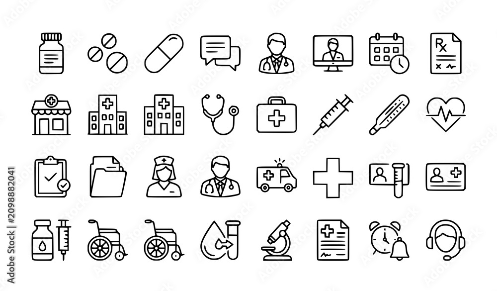 Fototapeta premium Healthcare editable line icon set with medication consultation and pharmacy vector