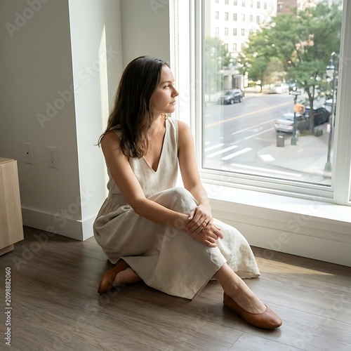 Woman in linen dress sitting by bright urban window.