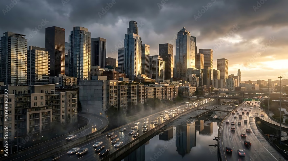 Obraz premium Aerial city skyline and highway at sunset.