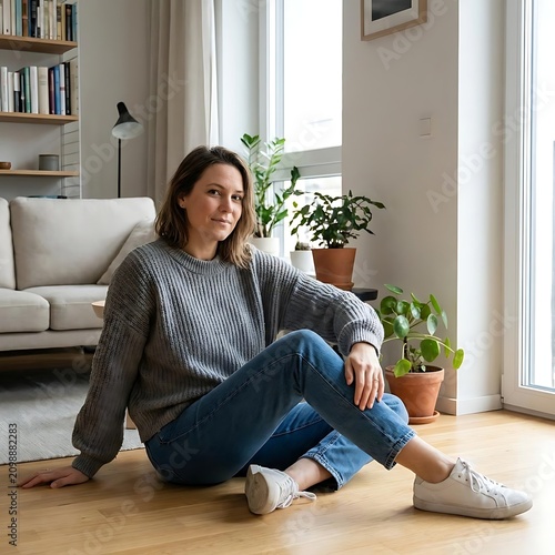 Woman in sweater sitting relaxed on living room floor.
