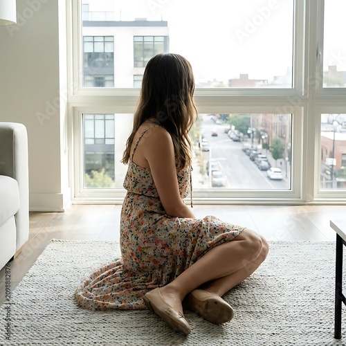 Woman looking out urban window in bright modern apartment
