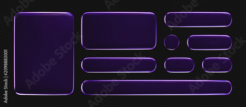 3D purple liquid glass buttons with a transparent neon futuristic effect, isolated on dark background. Neon liquid glass frame, UI UX elements for phone app or game interfaces. 3D tech digital vector