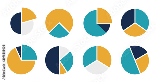 Colorful pie and donut chart icons featuring business analytics, statistics, and data visualization vector illustration