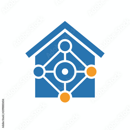 Smart Home Network Icon: Connected House with Abstract Technology Symbol