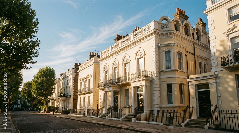 Fototapeta premium Elegant cream colored Victorian townhouses lining a quiet London street