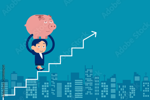 Confident businesswoman investor hold wealthy piggy bank walking up rising arrow stock market bar. Growth stock, prosperity economic or growth return in savings and investment.