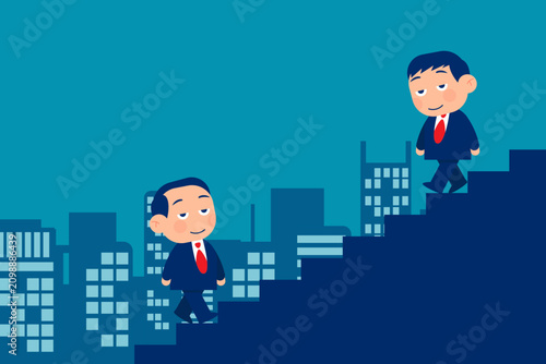 Business replacement. Up and Down. One businessman walking up the top of the stairs and another walking gdown the top