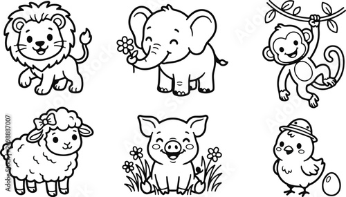 Canvas Print Cute baby animals line art vector set for kids coloring page illustration