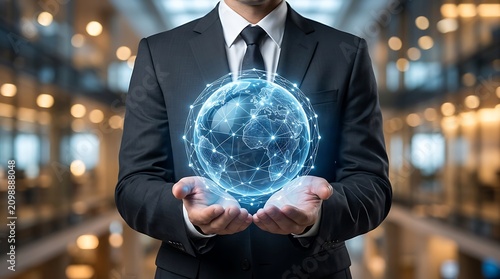 Businessman Holding a Glowing Digital World Globe Hologram, Representing Global Network and Connectivity