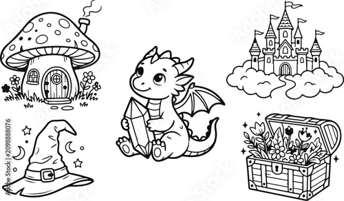 Foto Cute Fantasy Kingdom Black and White Vector Icon Collection, Hand Drawn Fairytale Doodles, Baby Dragon with Crystal, Mushroom House, Cloud Castle, Witch Hat and Treasure Chest